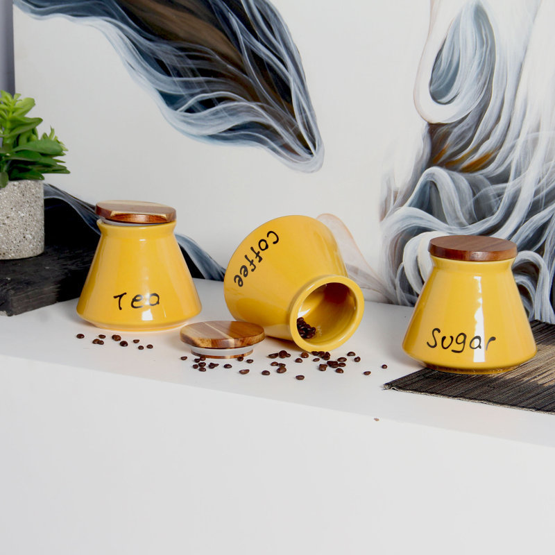 Ensemble de 3 pots à café, thé et sucre en céramique, Jaune