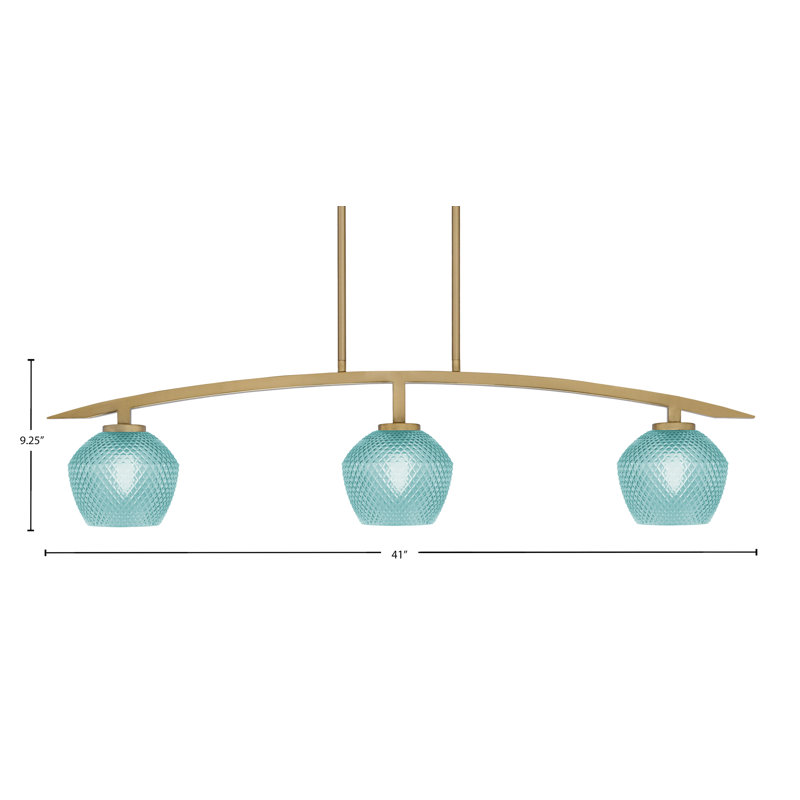 Luminaire pour îlot de cuisine 3 lumières kurve au fini laiton vieilli avec verre texturé de 6 po, Sarcelle
