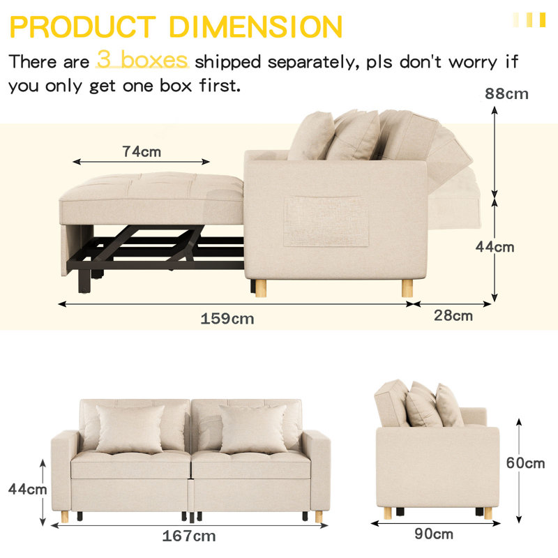 Borchert 2 Seater Fabric Sofa Bed, Beige Linen