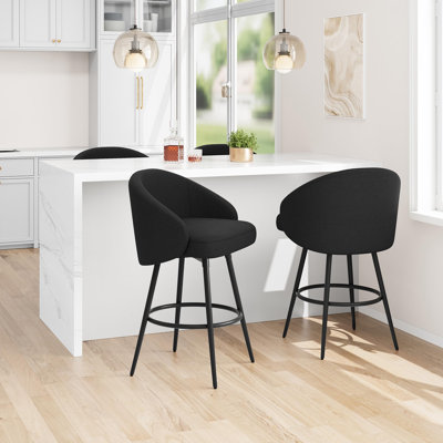 Ensemble de 2 tabourets de bar pivotants à hauteur de comptoir avec dossier Repose-pieds 360 ° Rotation silencieuse revêtue de lin moderne pour îlot de cuisine Structure en métal noir robuste