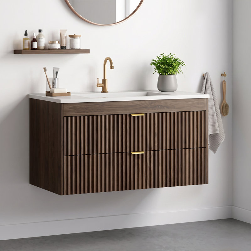 Meuble-lavabo autoportant à un lavabo de 90 cm avec comptoir beige en SMC, Walnut, 35.4"