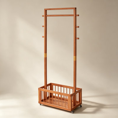 Wide Solid Pine Freestanding Coat Rack with Lockable Wheels & Storage Basket, Wooden Garment Stand with Side Hooks for Entryway