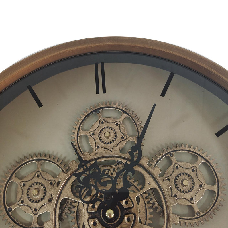 Ormiston Living Room Round Wall Clock with Metal Frame, Glass Front Gear Wall Clock, Gold