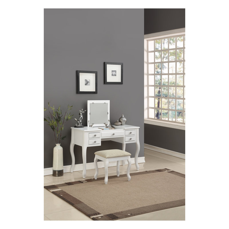 Classic Vanity Set with Flip-Down Mirror and Cushioned Stool