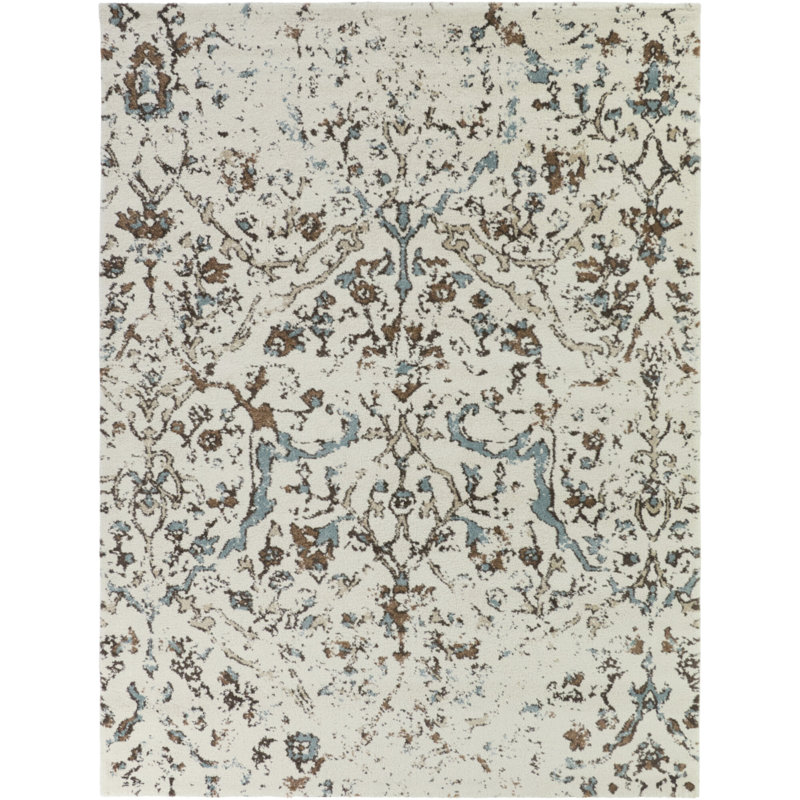 Ptolemy Rust/Blue/Cream Distressed Transitional Area Rug, Rectangle 5'3" x 7'
