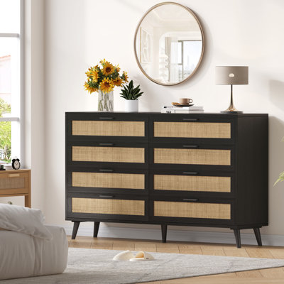 Commode à 8 tiroirs Abrienne, commode de chambre à coucher, commode moderne en bois avec poignées dorées