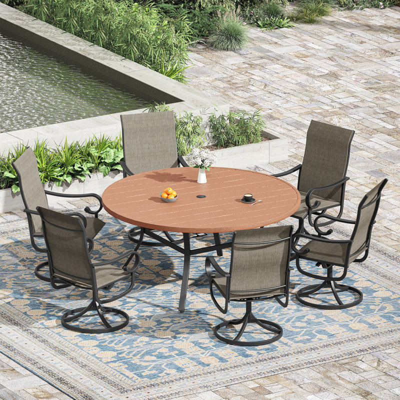 Ensemble repas extérieur pour 6 personnes avec chaise pivotante, Brun / brun