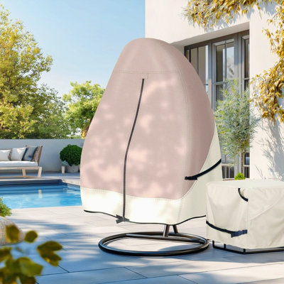 Housse imperméable pour chaise d'œuf épissée kaki imperméable, protecteur de mobilier d'extérieur toutes saisons avec ourlet noir avec fermeture à glissière centrale et boucles de rangement