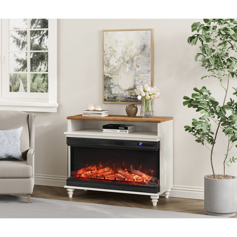 Fireplace End Table Wooden Side Table For Living Room, 36" Electric Fireplace, 3D Freestanding Fireplace Stove Heater, White