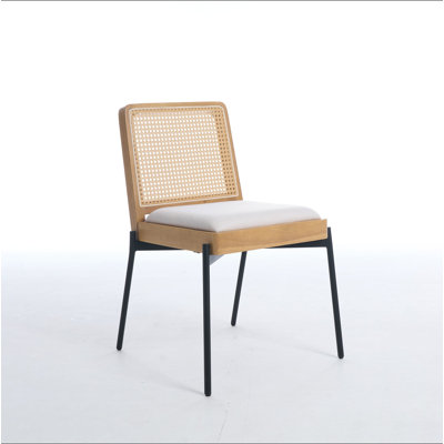 Ensemble de 2 chaises d'appoint Mid-Century en tissu de lin avec dossier en rotin et pieds en métal pour la salle à manger
