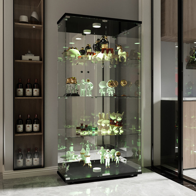 Glass Display Cabinet with Mirrored Back Panel, Glass Display Cases with Shelves and LED Light, 2 Doors Curio Cabinets, Black