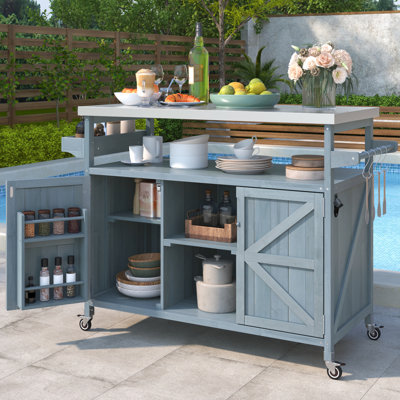Bar de luxe pour l'extérieur: acier inoxydable et bois. Vaste espace de rangement. 4 roues verrouillables. Gris-bleu Chariot de cuisine porte-papier modulaire avec poignée amovible
