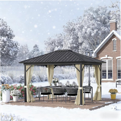 Gazebo With Curtains Netting 11.9" X 9.8" Metal Roof Gazebo Canopy With Aluminum Frame And Top Hook, Cream
