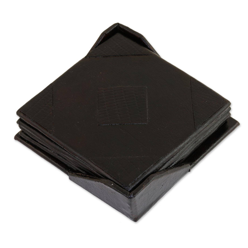 Leather Square 4 Piece Coaster Set With Holder