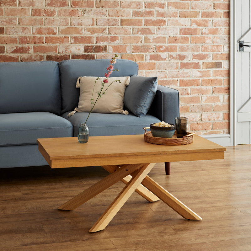 Brianney Solid Wood Cross Legs Coffee Table, Classic Oak