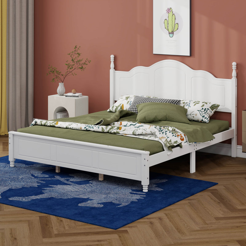 Structure de lit en bois avec tête de lit ondulée, lit plateforme en bois rétro avec support à lattes de bois, White