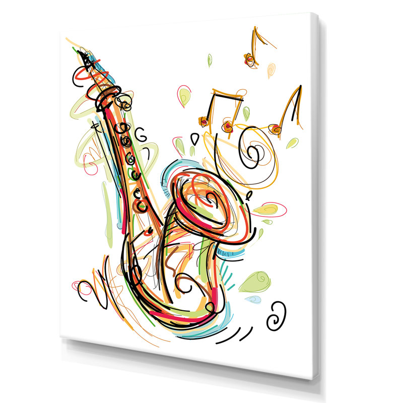 Musique, saxophone, dessin abstrait II - peinture, H 32 po x l 16 po x P 1 po, Toile tendue