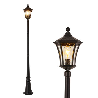 Outdoor Lamp Post Light with Outlet, Dusk to Dawn Aluminum Pole Light with Patterned Glass