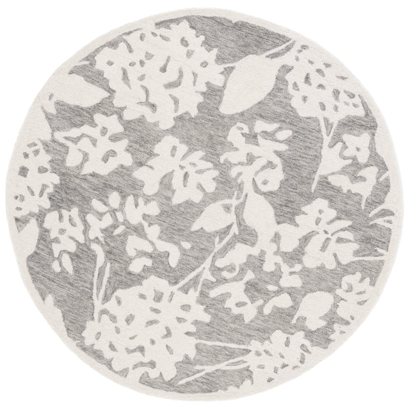 Dylan Lauren Ralph Lauren Hand Tufted Wool/Cotton Floral Rug in Gray/Ivory, Square 5'