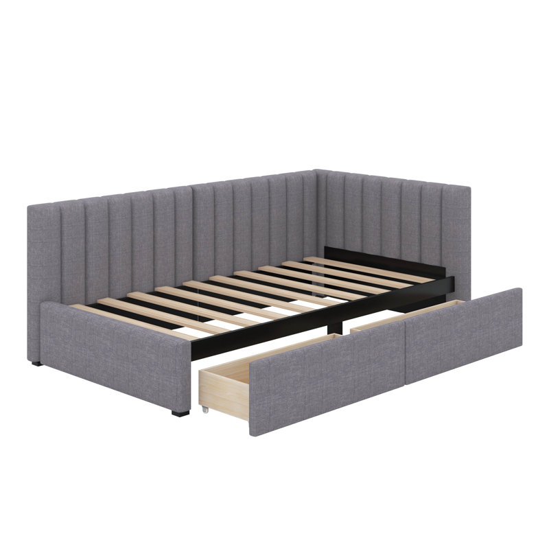 Lit de jour simple tapissier avec 2 tiroirs, support en lattes de bois, Gris