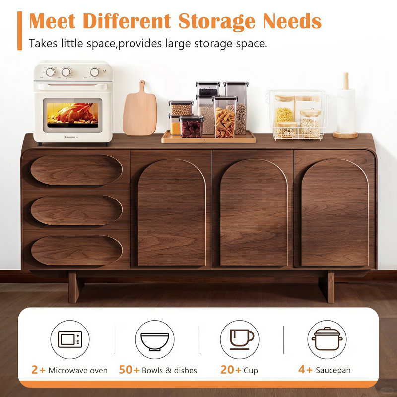 59" Sideboard Buffet Cabinet With 3 Drawers and Solid Wood Base