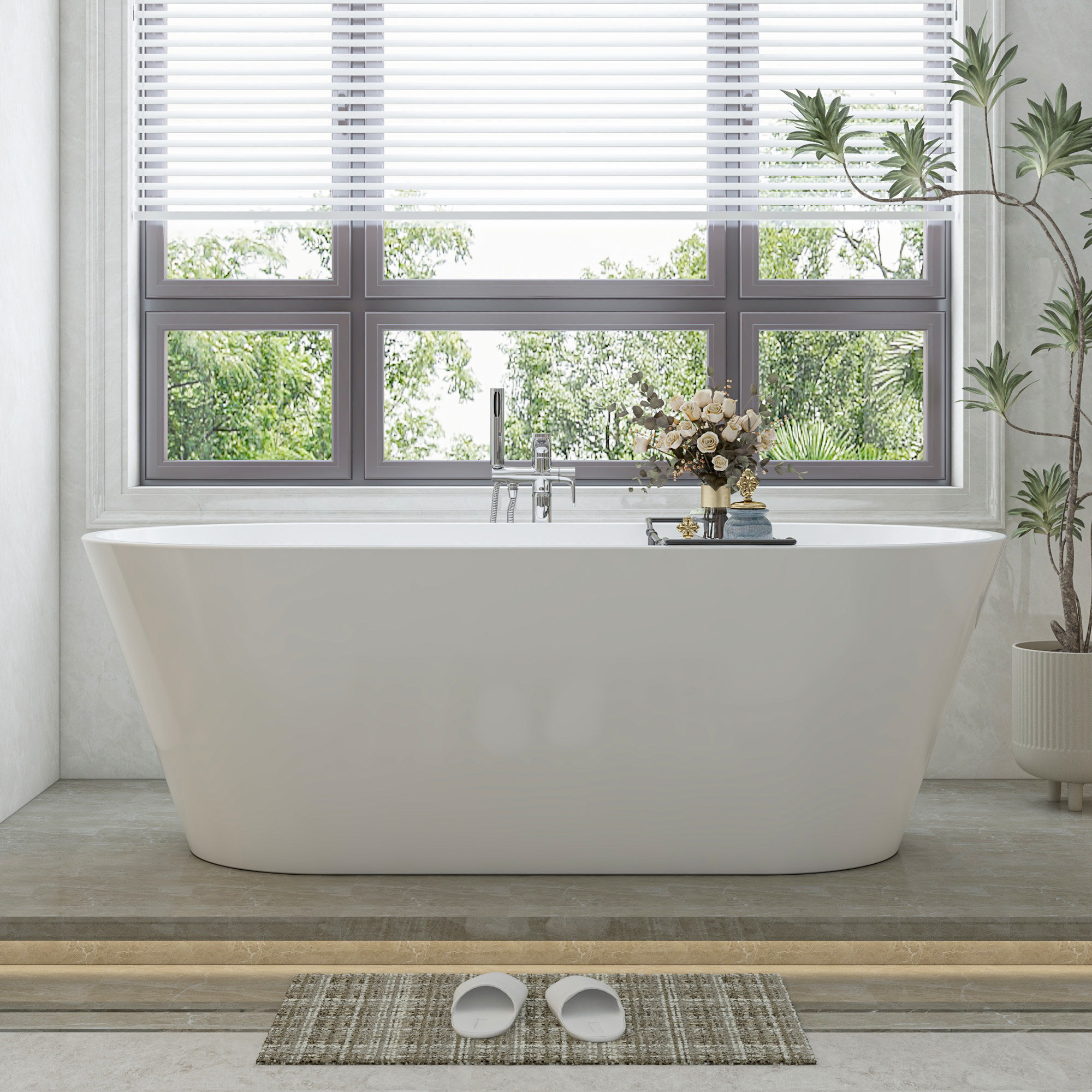 Iris 59" x 29.5" Freestanding Soaking Acrylic Bathtub, White/Matte Black