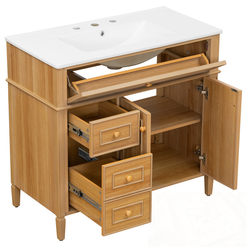 Bathroom Vanity with Sink, Flip-Out Drawer, 3 Drawers and 2 Soft-Close Doors