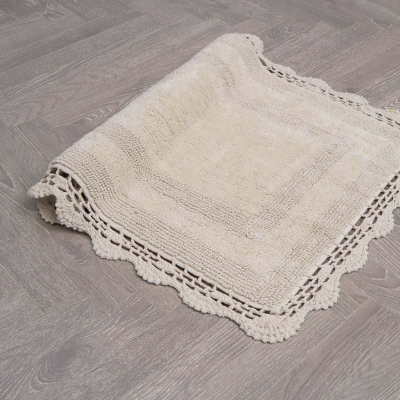 Laura Ashley Crochet Machine Washable Cotton Bath Rug, Linen, 24" L x 17" W