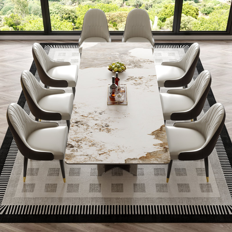 Ensemble de table de salle à manger moderne en pierre frittée avec 8 chaises en similicuir, Pandora, Beige/Dark Brow