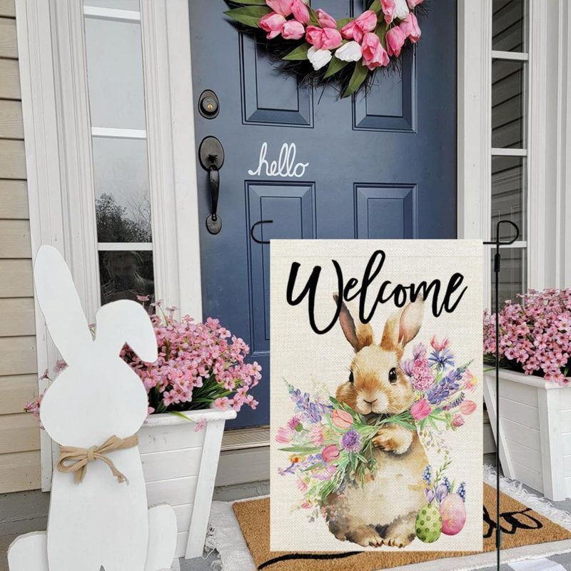 Drapeau de jardin de lapin de Pâques double face pour l'extérieur