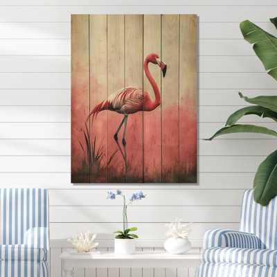Tropical Flamingo Reflections In Pink Waters II - Flamingo Animal Wood Wall Decor