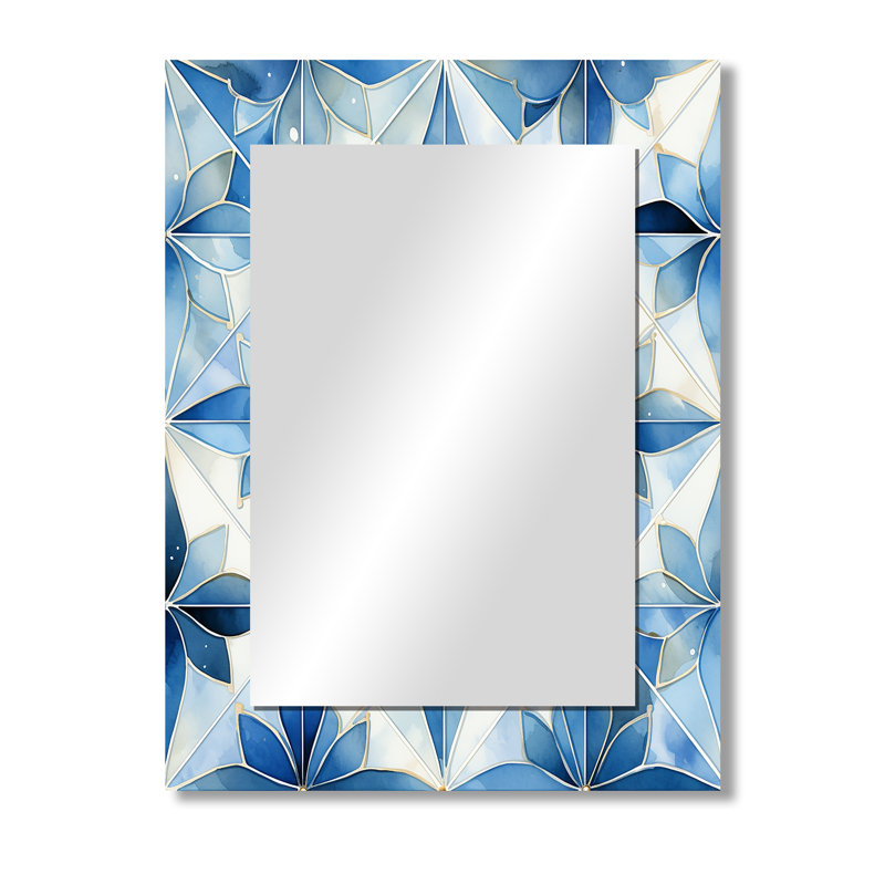 Tacora Vintage Blue And White Mosaic Geometric - damask  Wall Mirror, Damask Decorative Mirror, Printed Metal Art, 40" x 30"