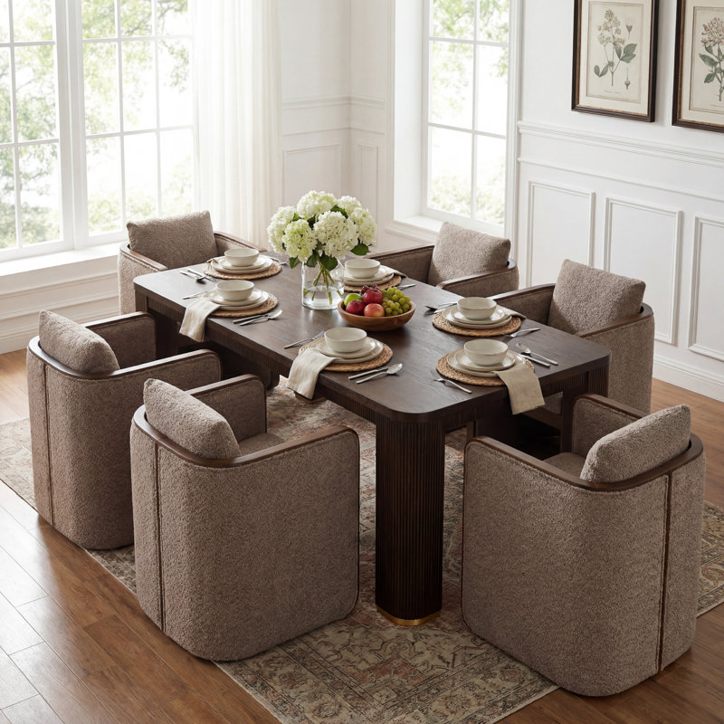 Ensemble de table de salle à manger 6 personnes Calder avec chaises rembourrées et structure en bois, Espresso, Taupe/Walnut