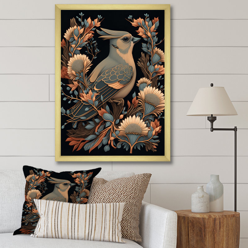 «Cardinal Bird In Faded Retro Tones I», reproduction sur toile, H 32 po x l 16 po x P 1 po, Encadrement doré