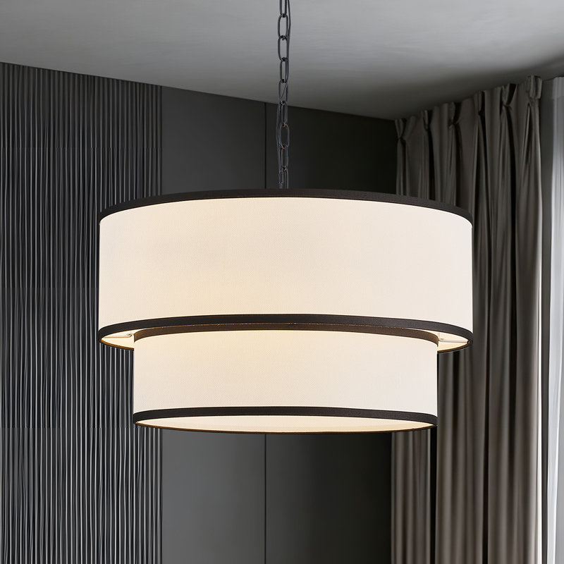 5-light White Fabric Drum Chandelier, Matte Black