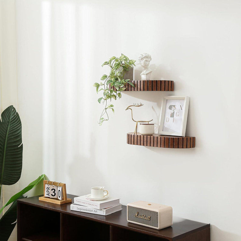 Ensemble de 2 tablettes flottantes arrondies en bois avec bordure décorative, rangement suspendu rustique pour plantes, livres, photos