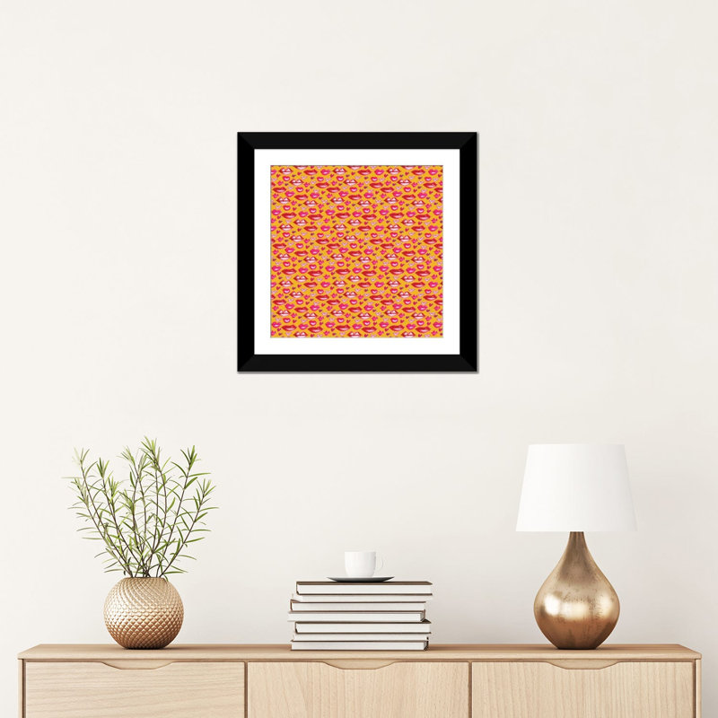 « lèvres pattern », impression sur toile, Papier d'art encadré noir, Blanc, H 16 po x l 16 po x P 1 po