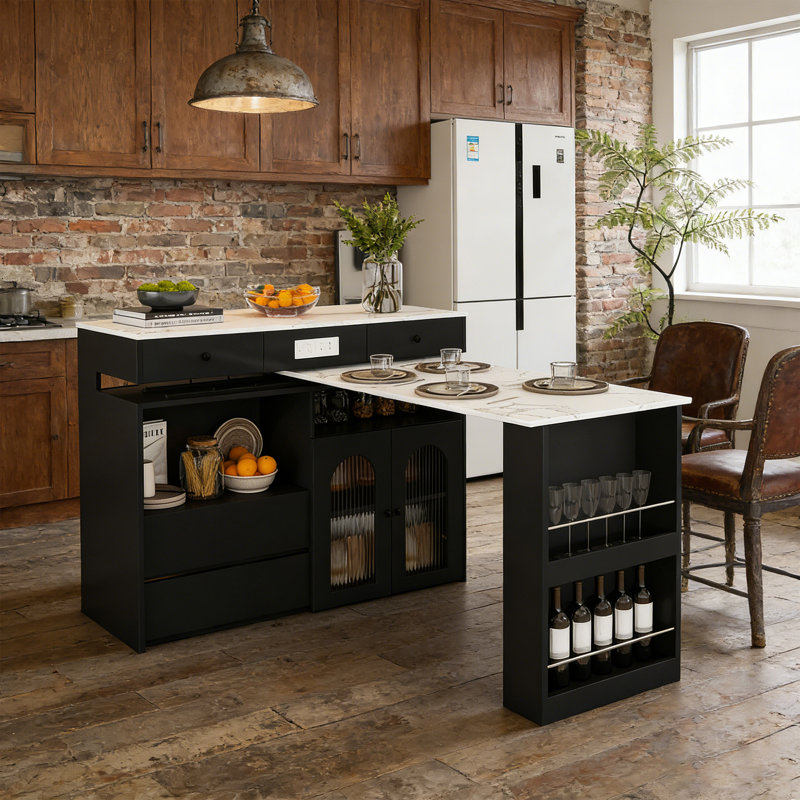 Kitchen Island With Extendable & Rotating Table For 4, Black