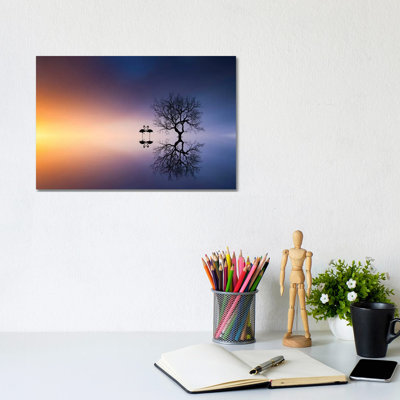 Flamingos In A Lake With A Tree by Bess Hamiti - Wrapped Canvas Print