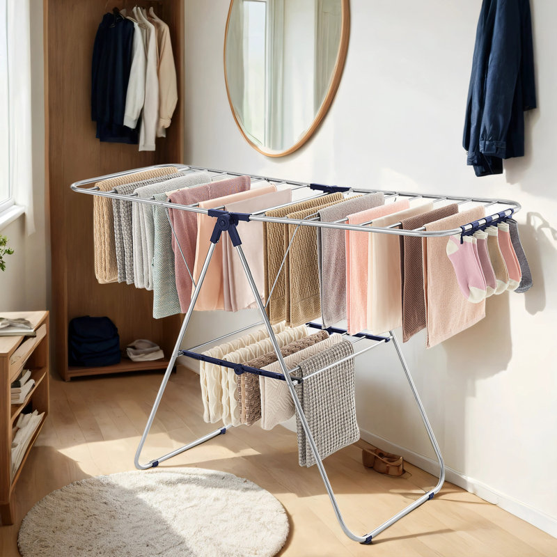 Clothes Drying Rack, With Sock Clips, Stainless Steel Laundry Rack, Foldable, Space-Saving, Free-Standing Indoor Airer, With Height-Adjustable Gullwings