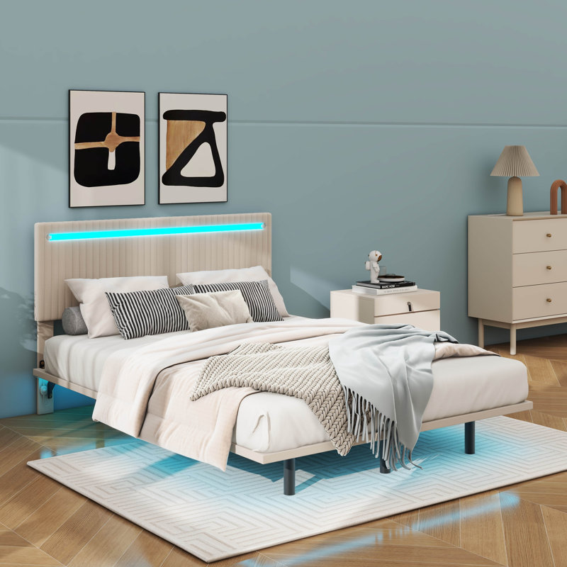 Structure de lit flottante moderne avec éclairage à DEL, Beige, Double