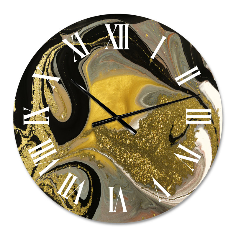 Or et noir marbré texture ondulée I - horloge murale moderne, Petit