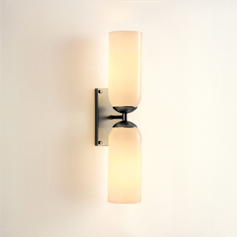 Glass Double Wall Sconce – Metal, Glass & Matte Black, Ivory White 2-Light Hardwired Dimmable Sconce for Bathroom, Living Room or Outdoor in Modern, Mid-Century, and Contemporary Style
