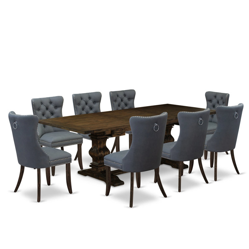 9 Piece Dinette Set Consists of a Rectangle Kitchen Table with Removable Leaf and 8 Polyester Fabric Parson Chairs, Distressed Jacobean