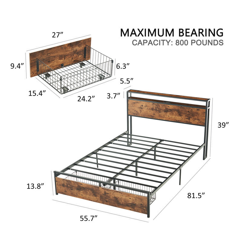 Bed Frame with 2 Drawers, Storage Headboard with Charging Station,Platform Bed, No Box Spring Neede, Full