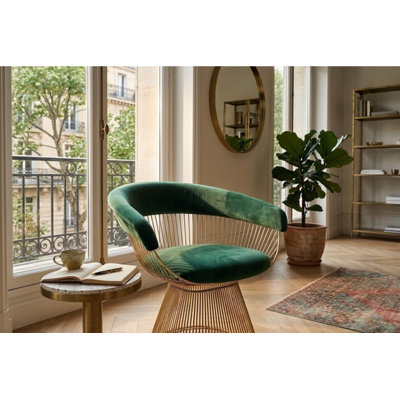 Pangea Home Modern Green Velvet Upholstered Fern Arm/Accent Chair with Silver Metal Wire Base – Contemporary Lounge, Bedroom, or Dining Armchair