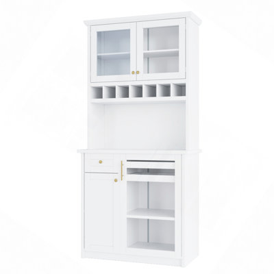 35.4X17.7X74.8" Freestanding Buffet With Hutch, Tall Kitchen Pantry Storage Cabinet With Wine Rack And Adjustable Shelves For Dining Room