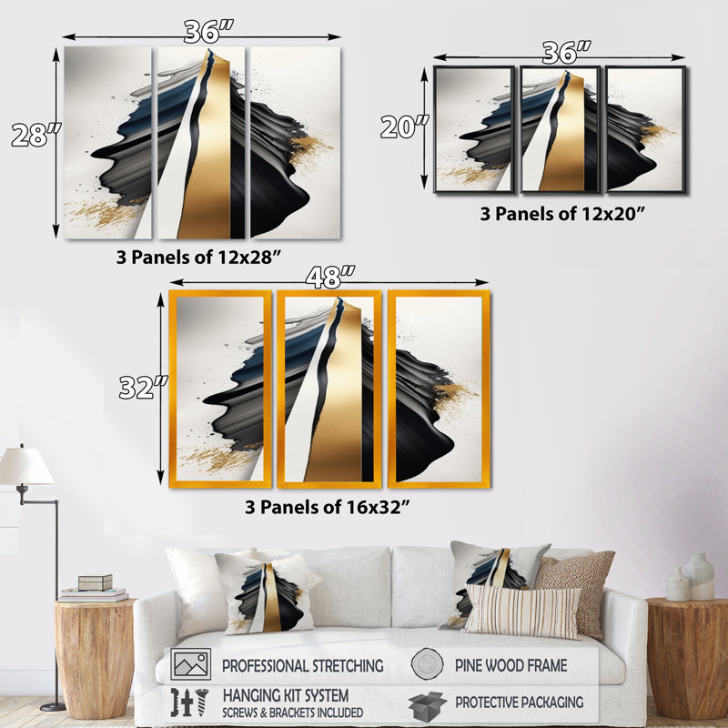 «Black and Gold Cubic Expression VII», reproduction de 3 pièces, Cadre noir, H 28 po x l 36 po x P 1 po