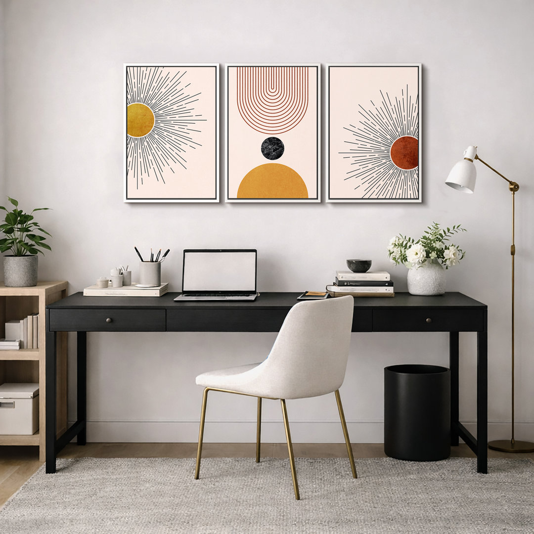 Mid Century Modern Boho "Retro Vibrant Yellow & Red Nordic Artwork, Abstract Sun Light Living Room Pictures, Framed Canvas 3 Pieces Print Wall Art" IDEA4WALL Frame