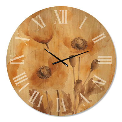 Horloge murale silencieuse « Pavot ambré en fleurs » (sans tic-tac), imprimée sur bois, motif botanique